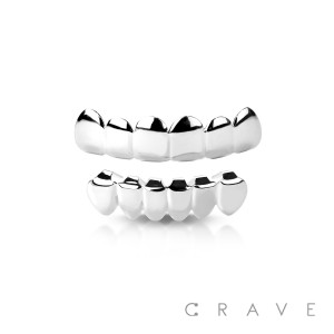 SILVER 6 TEETH MOUTH TOP & BOTTOM HIP HOP BLING GRILLZ